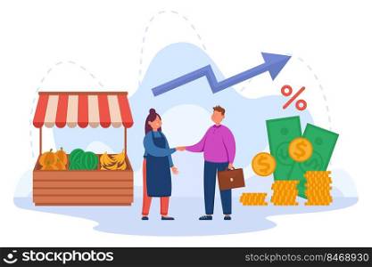 Small business owner shaking hands with money lender. Female entrepreneur getting loan without collateral bank employee flat vector illustration. Banking, support, investment concept for banner