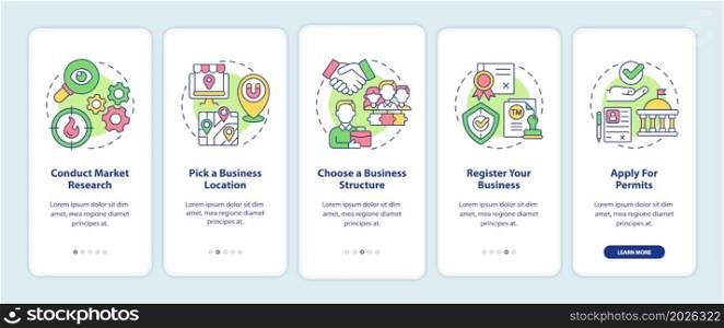 Small business starting tips onboarding mobile app page screen. Startup walkthrough 5 steps graphic instructions with concepts. UI, UX, GUI vector template with linear color illustrations. Small business starting tips onboarding mobile app page screen
