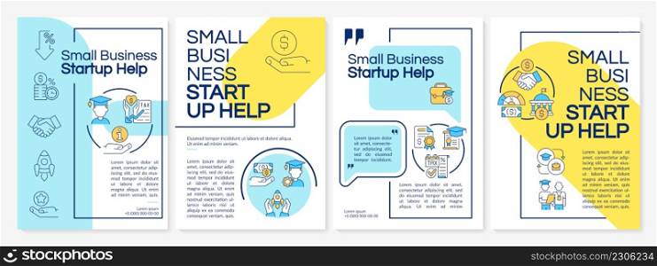 Small business startup help blue and yellow brochure template. Financial grant. Leaflet design with linear icons. 4 vector layouts for presentation, annual reports. Questrial, Lato-Regular fonts used. Small business startup help blue and yellow brochure template