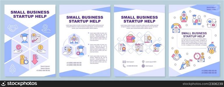 Small business startup help purple brochure template. Financial grant. Leaflet design with linear icons. 4 vector layouts for presentation, annual reports. Arial-Black, Myriad Pro-Regular fonts used. Small business startup help purple brochure template