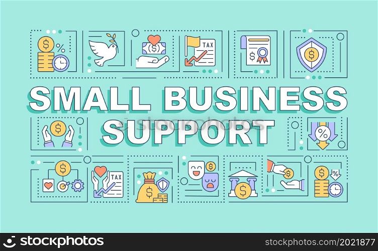 Small business support word concepts banner. Startup launching. Infographics with linear icons on green background. Isolated creative typography. Vector outline color illustration with text. Small business support word concepts banner
