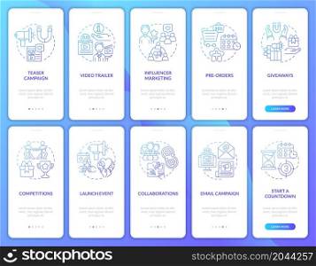 Small business tips onboarding mobile app page screen set. Startup launching walkthrough 5 steps graphic instructions with concepts. UI, UX, GUI vector template with linear color illustrations. Small business tips onboarding mobile app page screen set