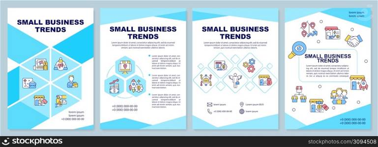 Small business trends blue brochure template. Companies development. Leaflet design with linear icons. 4 vector layouts for presentation, annual reports. Arial-Black, Myriad Pro-Regular fonts used. Small business trends blue brochure template