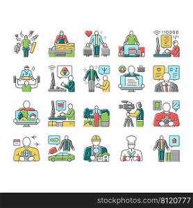Small Business Worker Occupation Icons Set Vector. Personal Chef And Photographer, Home Inspector And Car Detailing Specialist, Property Manager And Translator Small Business Color Illustrations. Small Business Worker Occupation Icons Set Vector
