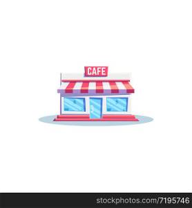 Small cafe building with tent isolated local restaurant facade. Vector bistro, cafeteria or diner with showcase, retail construction in flat style. Cafe signboard on roof, street food store, urban pub. Cafe building exterior design, local bistro diner