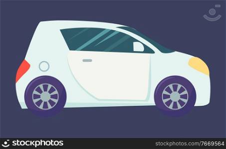 Small car isolated on dark background. Light blue microcar with toned glasses, two doors and one for luggage boot. Auto to drive and get your destination quickly. Vector illustration in flat style. Car Isolated on Dark Background, Light Microcar