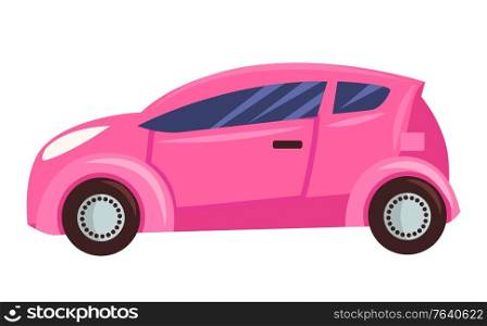 Small car isolated on white background. Pink microcar for girls with toned glasses, three doors and four wheels. Auto to drive and get your destination quickly. Vector illustration in flat style. Car Isolated on White Background, Pink Microcar