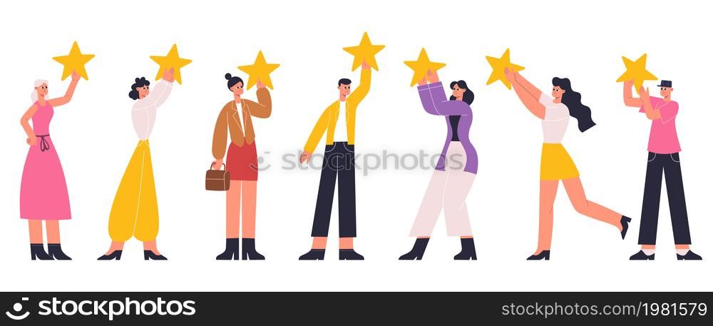 Small characters holding big gold rating stars. People hold stars, positive rating, customers feedback or good review metaphor vector flat illustration. Positive vote concept star rating for review. Small characters holding big gold rating stars. People hold stars, positive rating, customers feedback or good review metaphor vector flat illustration. Positive vote concept