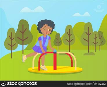 Small child having fun in amusement park vector, kid girl on carousel. Construction of steel spinning, weekend joy, holidays for kiddo, natural environment. Amusement Park Carousel Kid Playing on Nature
