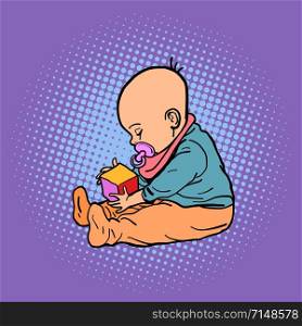 small child playing with a cube. Comic cartoon pop art retro vector illustration drawing. small child playing with a cube