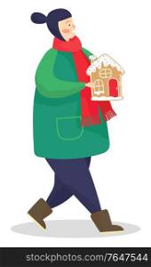 Small child walking with gingerbread cookie . Christmas celebration and greeting. Kid wearing winter warm clothes holding traditional sweets. Isolated character with scarf and jacket. Vector in flat. Kid Carrying Gingerbread Cookie in Form of House