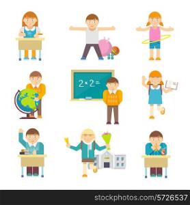 Small children at elementary school lesson characters set isolated vector illustration