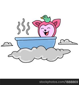 small children bathe in bathup with warm water. cartoon illustration sticker mascot emoticon