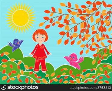 Small children girl near cherry tree in sunny autumn day, multicolor vector illustration