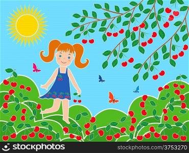 Small children girl near cherry tree in sunny summer day, multicolor vector illustration
