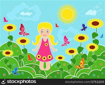 Small children girl on the field among sunflowers in sunny summer day, multicolor vector illustration