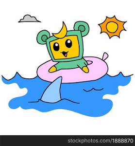 small children swimming in the sea with sharks. cartoon illustration sticker mascot emoticon