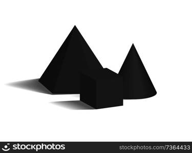 Small cone, square pyramid and cube 3D geometric black realistic shapes. Three dimensional figures isolated vector illustration on white background.. Small Cone, Square Pyramid and Cube 3D Shapes