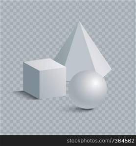 Small cube, hexagonal prism and sphere 3D geometric white shapes. Three dimensional figures templates vector illustrations on transparent background.. Small Cube, Hexagonal Prism and Sphere 3D Shapes