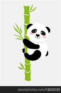 Small Cute Funny Baby Panda sitting on the bamboo tree. Vector illustration for textiles, postcards, posters, printing, decorating children&rsquo;s item.. Cute funny baby panda hanging on the bamboo
