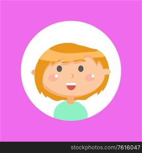 Small cute girl with glowing cheeks vector, kid isolated on pink. Smiling person portrait closeup, child with smile on face showing joyful emotions. Girl Child in Circle Frame, Young Lady Isolated