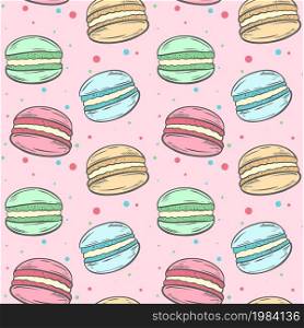 Small cute multi-colored cakes on a pink substrate with speckles seamless pattern. Background with macaroons. Template with food for packaging, wallpaper and design, vector illustration.. Small cute multi-colored cakes on a pink substrate with speckles seamless pattern.
