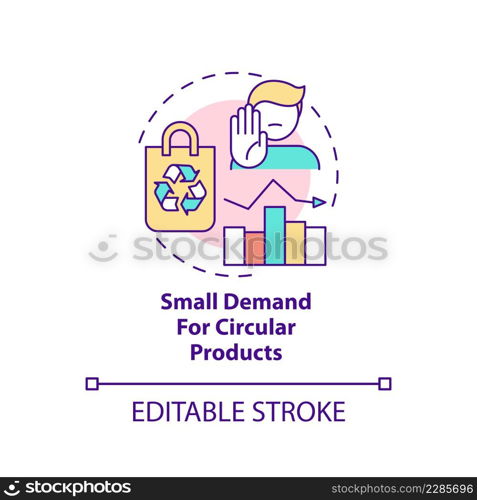 Small demand for circular products concept icon. Circular economy disadvantage abstract idea thin line illustration. Isolated outline drawing. Editable stroke. Arial, Myriad Pro-Bold fonts used. Small demand for circular products concept icon