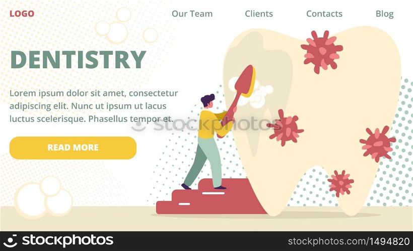 Small Dentist Doctor Character Cleaning and Brushing Big Tooth Plaque Covered with Microbes Using Brush and Toothpaste. Dentistry Preventive Medicine Cartoon Flat Vector Illustration Horizontal Banner. Dentist Doctor Cleaning and Brushing Big Tooth