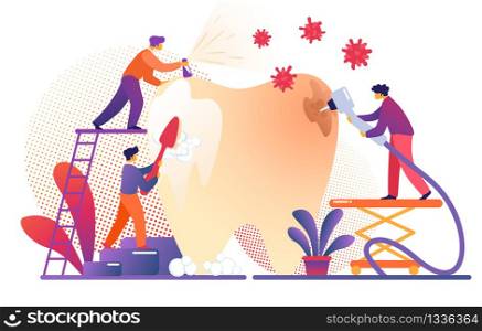 Small Dentists People Cleaning, Treating Big Unhealthy Tooth Plaque and Caries Hole. Doctors Work Together. Brushing, Scaling, Drilling Plaque. Stomatology, Dentistry. Cartoon Flat Vector Illustration. Small Dentists People Treate Huge Unhealthy Tooth.