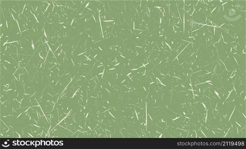 Small dry leaves and twigs of plants on green background. Carelessly scattered dry debris of plant residues. Texture of old poster back. Vector