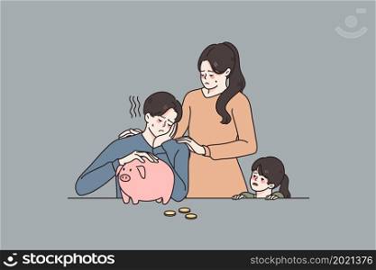 Small family budget and savings concept. Sad young mother standing hugging her son looking at empty piggybank and daughter vector illustration . Small family budget and savings concept