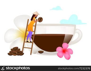 Small family coffee business flat vector illustration. Small-scale coffee production. Smallhoder. Plumeria flower. Indonesia. Isolated cartoon concept on white background. Small family coffee business flat vector illustration