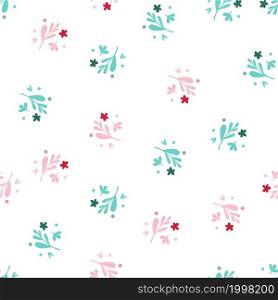 Small flowers and leaf seamless pattern isolated on white background. Doodle print. Floral endless ornament. Botanical backdrop. Design for fabric , textile print, surface, wrapping, cover. Small flowers and leaf seamless pattern isolated on white background.