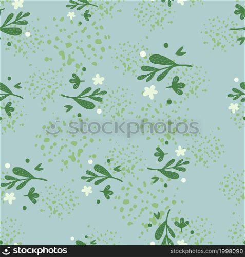 Small flowers and leaf seamless pattern on green background. Floral endless wallpaper. Children backdrop. Simple vector illustation. Design for fabric , textile print, surface, wrapping, cover. Small flowers and leaf seamless pattern on green background. Floral endless wallpaper.