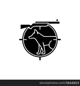 Small game hunting black glyph icon. Pursue and kill smaller side animals. Capture land fowls. Shooting birds. Hunting with trained dogs. Silhouette symbol on white space. Vector isolated illustration. Small game hunting black glyph icon