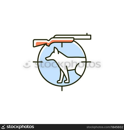 Small game hunting RGB color icon. Pursue and kill smaller side animals. Capture land fowls. Shooting birds. Hunting with trained dogs. Isolated vector illustration. Simple filled line drawing. Small game hunting RGB color icon