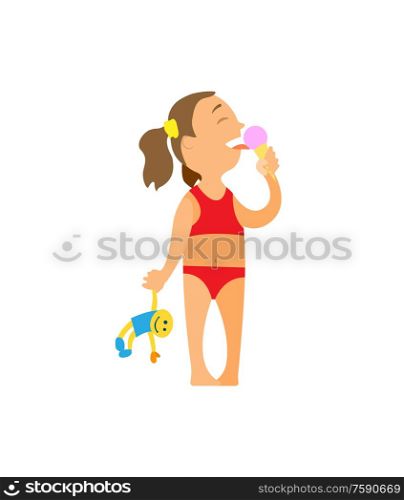 Small girl eating ice cream dessert vector, isolated person on beach enjoying food in summer. Kid holding puppy doll in hand, little person on vacation. Girl in Swimming Suit Eating Ice Cream Isolated