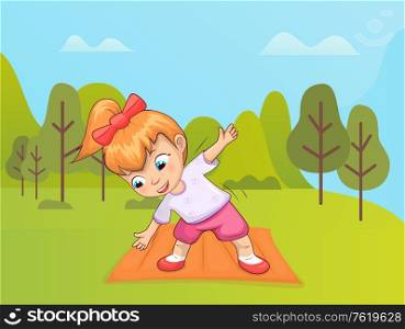 Small girl vector, forest or park with trees. Kid leading active lifestyle, exercising and leading active lifestyle. Healthy kiddo full of energy activity. Girl Exercising on Nature, Yoga of Little Kid