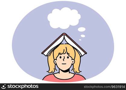 Small girl with book on head dreaming or fantasizing. Little child enjoy literature imagining or visualizing. Vector illustration.. Girl with book on head imaging