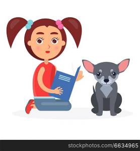 Small girl with two tails hairstyle reading blue book to little Chihuahua dog vector illustration on white background.. Small Girl Reads Blue Book to Little Chihuahua