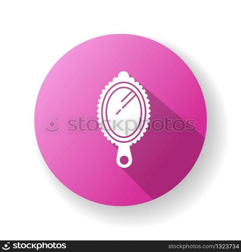 Small hand mirror pink flat design long shadow glyph icon. Portable vintage personal vanity. Feminine beauty. Reflection in oval frame to do makeup. Lady fashion. Silhouette RGB color illustration