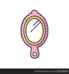 Small hand mirror pink RGB color icon. Portable vintage personal vanity. Feminine beauty. Reflection in oval frame to do makeup. Princess symbol. Lady fashion. Isolated vector illustration