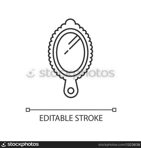 Small hand mirror pixel perfect linear icon. Portable vintage personal vanity. Feminine beauty. Thin line customizable illustration. Contour symbol. Vector isolated outline drawing. Editable stroke