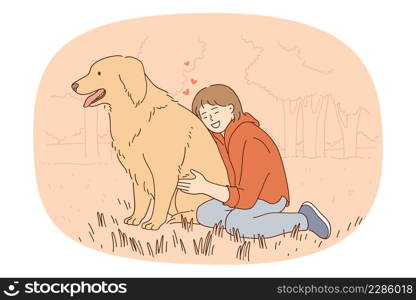 Small happy girl embrace big fluffy dog feel emotionally attached to domestic animal. Smiling teen kid hug puppy pet enjoy walk outside with best friend. Dog lover concept. Vector illustration. . Smiling girl hug big dog enjoy walk with pet