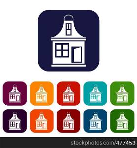 Small house icons set vector illustration in flat style in colors red, blue, green, and other. Small house icons set