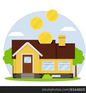 Small house. Suburban one-storey building with lawn and trees. Town and urban landscape. Savings on purchase of housing. Renting and lease. Cartoon flat illustration. Roof with gold coins. Small house. Suburban one-storey building