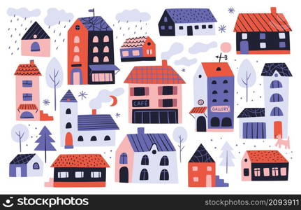 Small houses. Cute cottages. Different little cabins. Funny village buildings. Trendy design colored facade. Doodle real estate. Tiny childish homes and trees. Vector town residential properties set. Small houses. Cute cottages. Different little cabins. Village buildings. Trendy design colored facade. Doodle real estate. Tiny childish homes and trees. Vector residential properties set