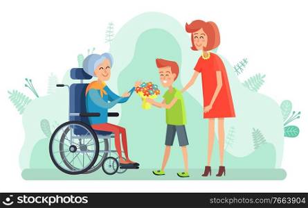 Small kid giving flowers to senior lady sitting on wheelchair vector. Mother with child taking care for old person disabled character. Boy with bouquet. Disabled Woman on Wheelchair, Boy with Flowers