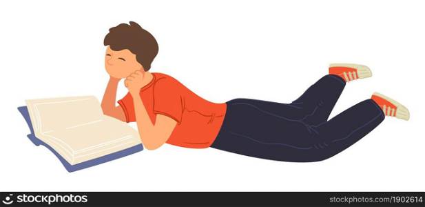 Small kid laying and reading stories in books. Teenage boy preparing homework for school. Relaxation and hobby of child. Discovering new information and disciplines from publication. Vector in flat. Teenage boy laying and reading book for fun vector