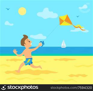 Small kid on summer vacation vector, boy running with kite in hands. Sunny weather, sailboat on water and sunshine, kid on beach having fun holidays. Kid Running Along Coast with Wind Kite in Hand